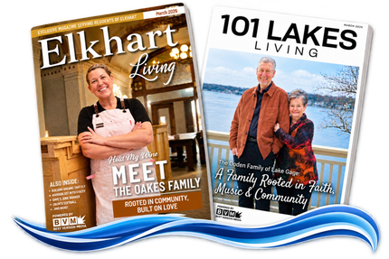 Two magazine covers: Elkhart Living and 101 Lakes Living, with smiling couples and blue wave graphics