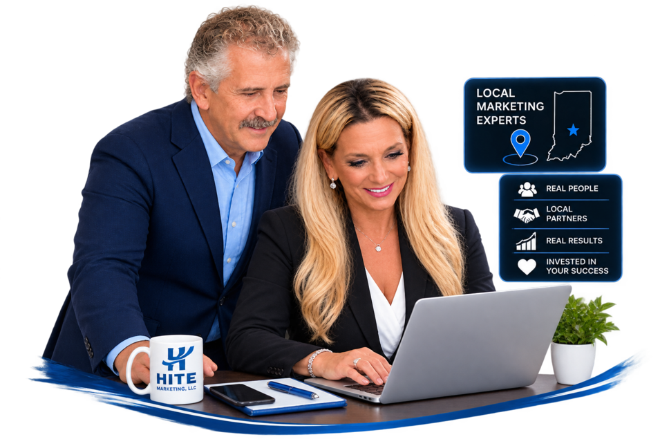 Two business professionals at a laptop with a tablet and coffee mug, beside a website design mockup