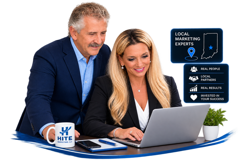 Two business professionals at a laptop with a tablet and coffee mug, beside a website design mockup