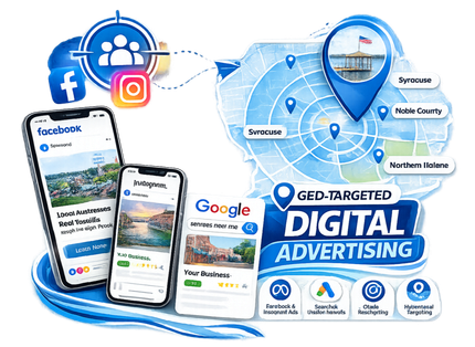 Digital advertising graphic with phones, social media icons, Google logo, and map pins over a blue map backdrop