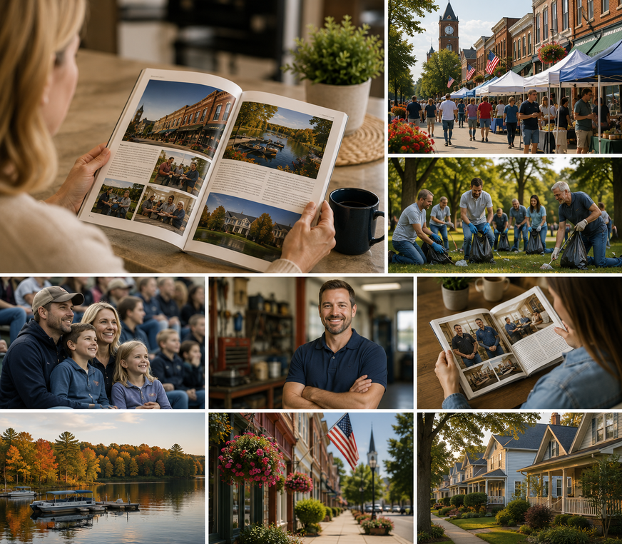 Travel photo collage with European city scenes, market streets, people, cafes, parks, and canal views