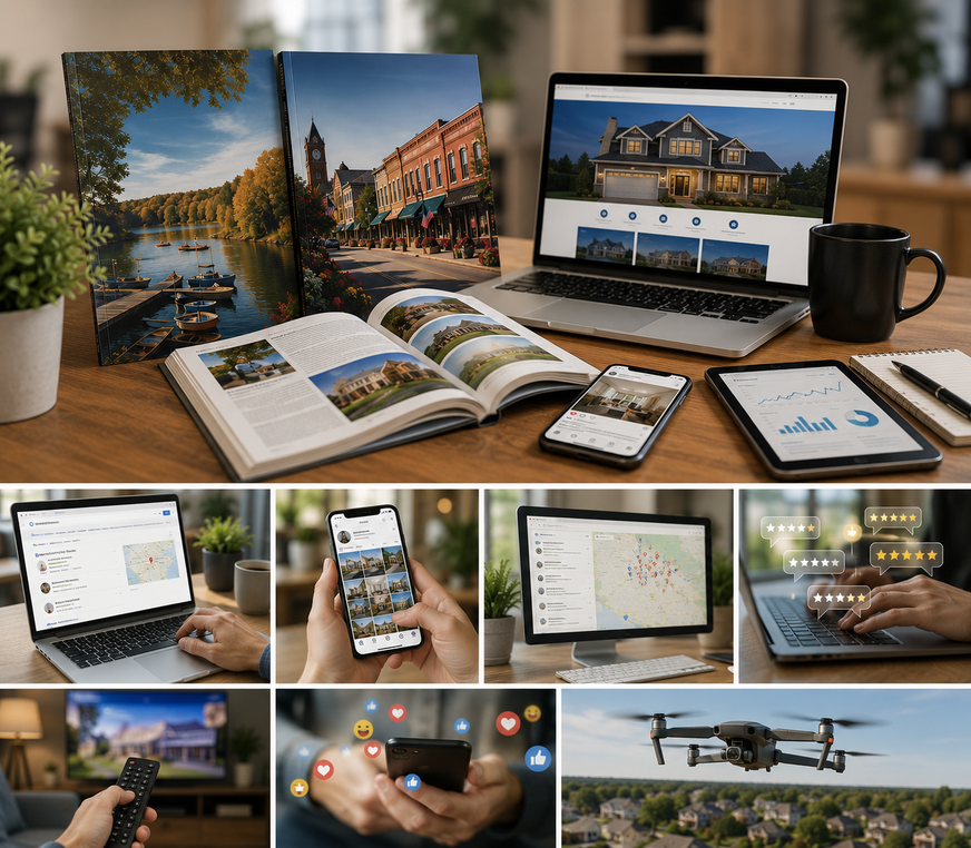 Digital travel planning collage with laptop, tablet, phone, open guidebook, and drone on a desk