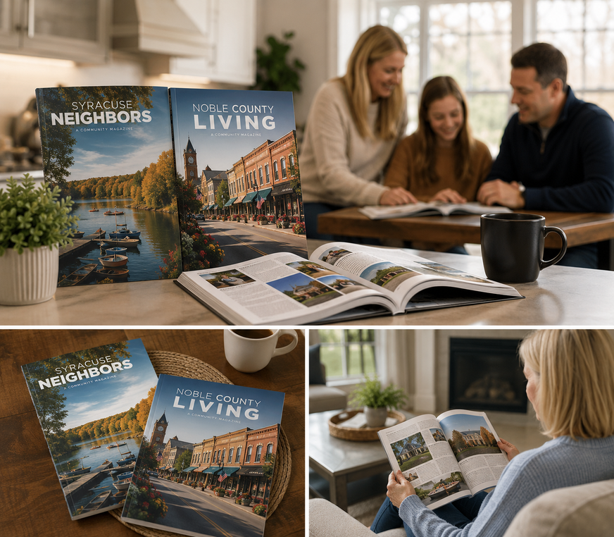 Two people browse a glossy neighborhood magazine at a bright table with coffee and a laptop nearby.