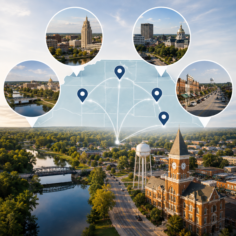 City aerial collage with map pins linking downtown landmarks and riverfront views