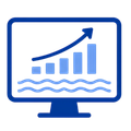 Blue monitor icon with rising bar chart, upward arrow, and wavy lines, suggesting growth or analytics