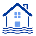 Blue house icon with waves at the bottom, suggesting flooding or water damage