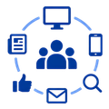 Blue icons of people, devices, email, search, and social media in a circular network.