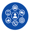 Blue circle with white contact icons around a central person silhouette