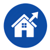 Blue circle with white house icon and upward arrow, suggesting home value increase
