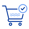 Blue shopping cart icon with a checkmark badge and wavy lines inside