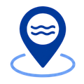 Blue location pin with wavy water lines above a light blue ring