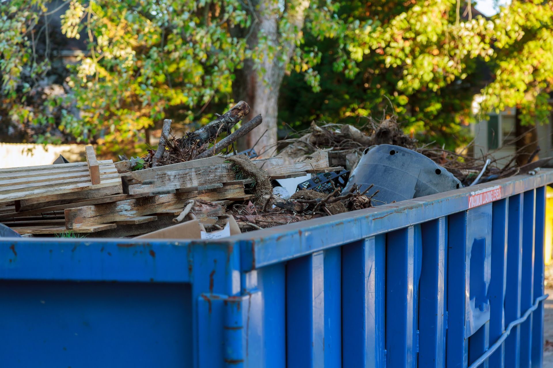 Blue dumpster filled with construction debris beside a tree-lined street