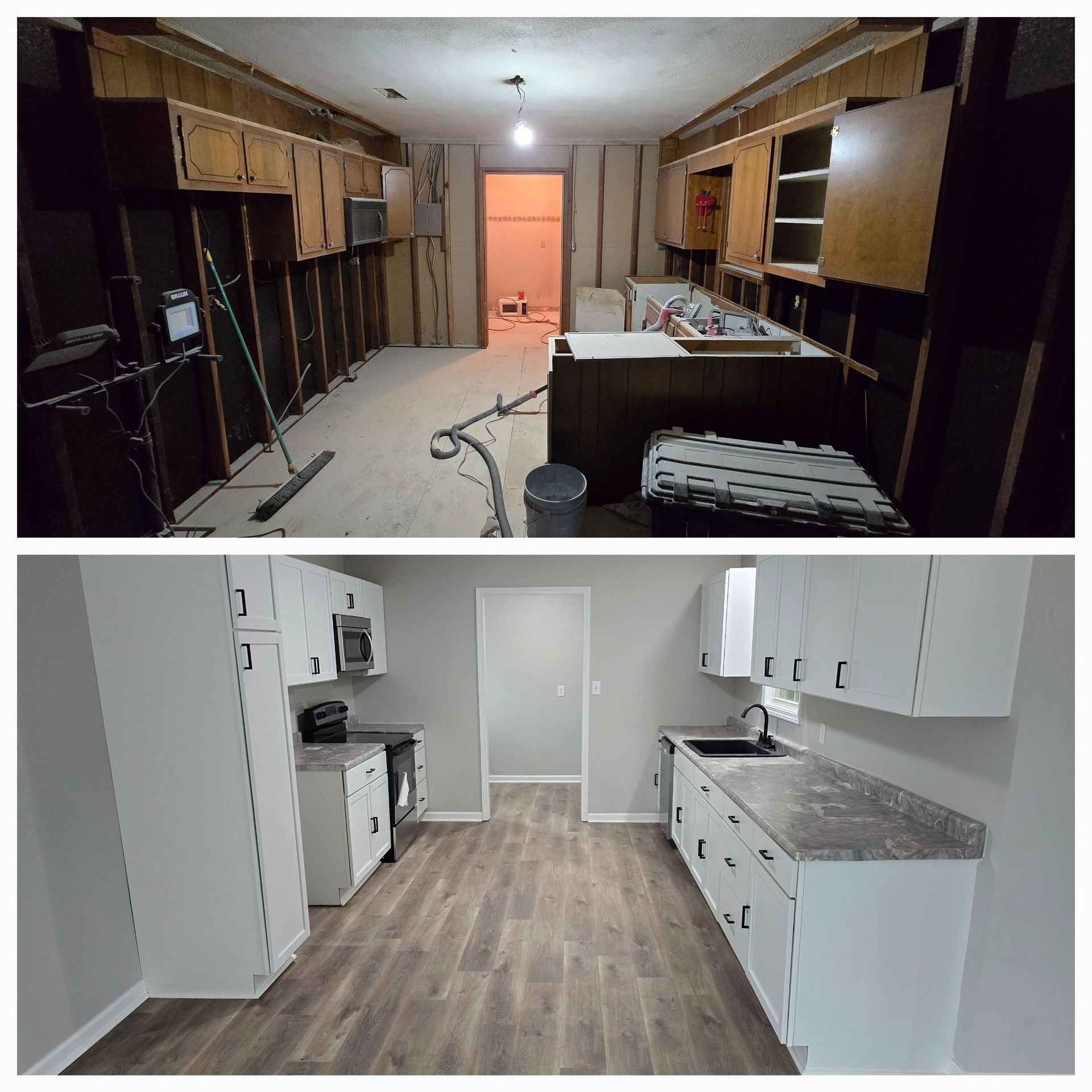 Before and after photos of a kitchen remodel. The after shows white cabinets and gray countertops.