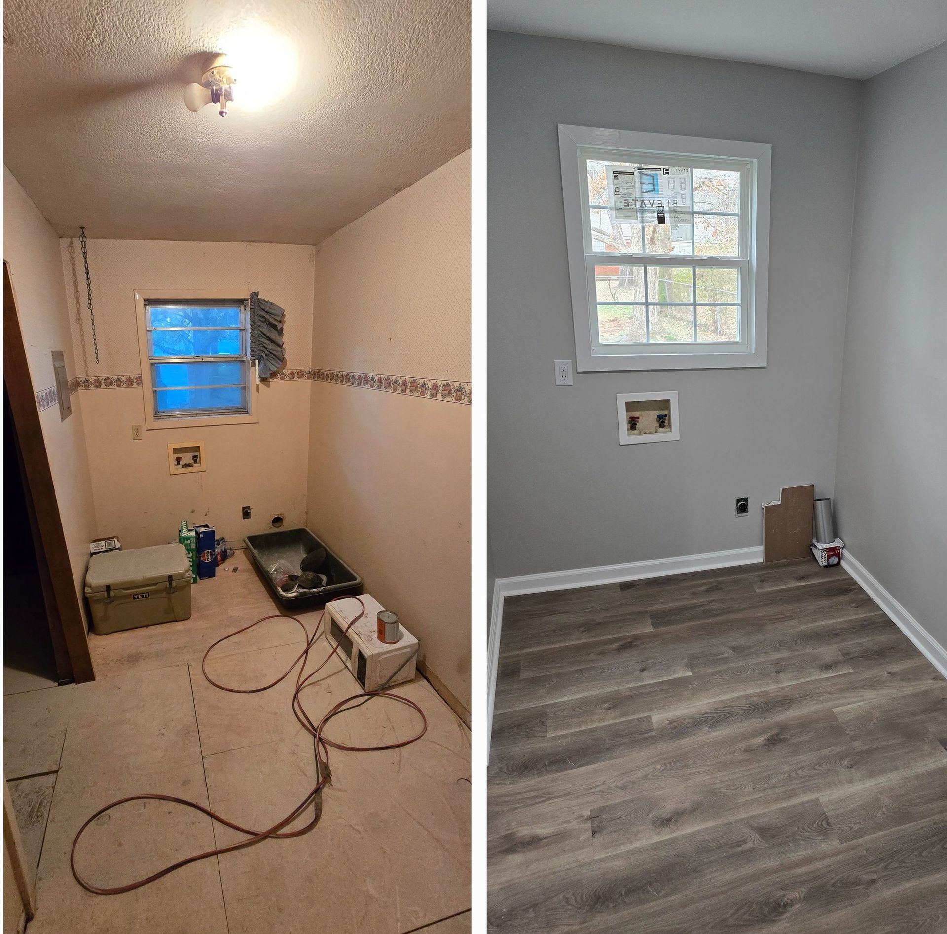 Laundry room before and after renovation: beige to gray walls, new flooring, and window trim.