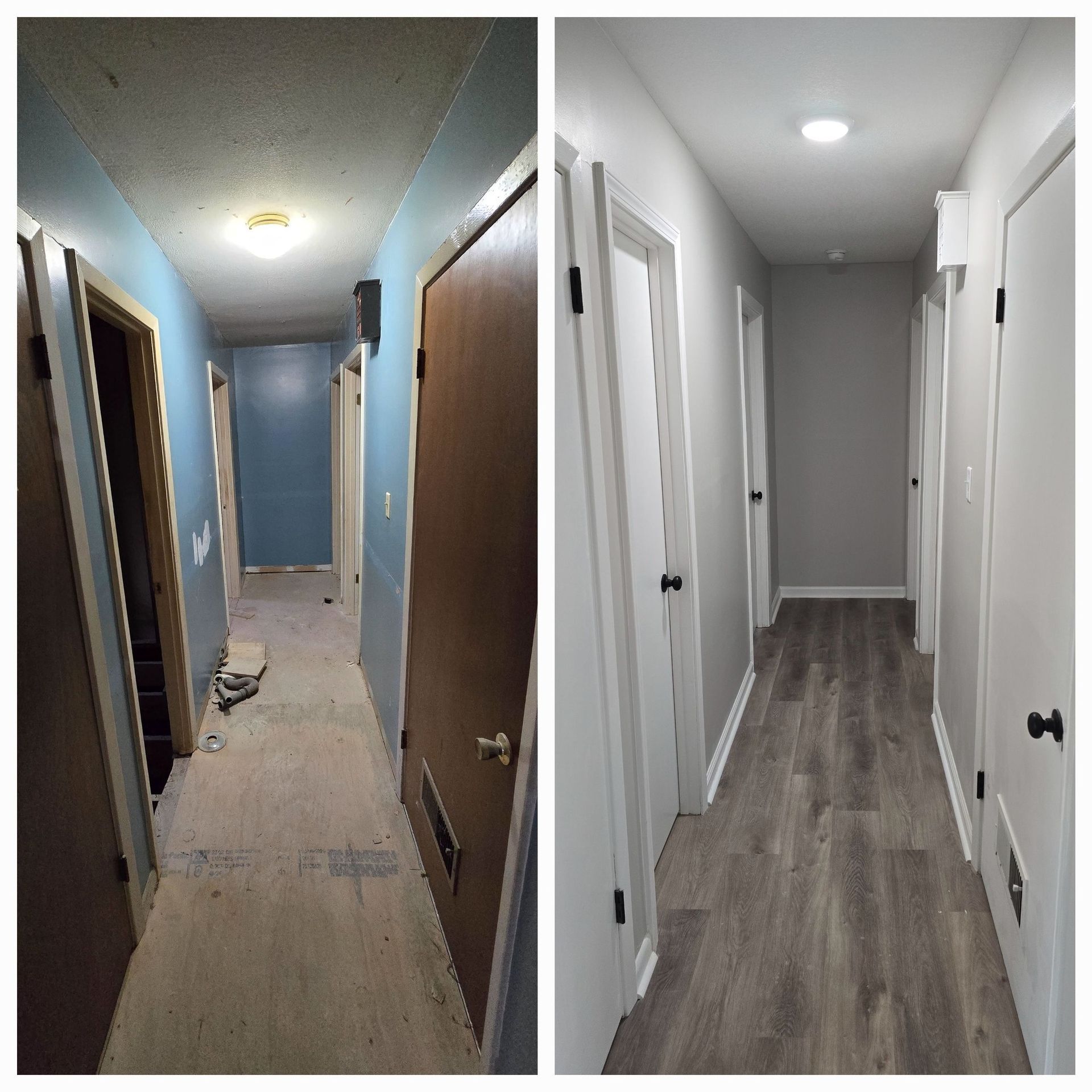 Hallway renovation before and after: Blue walls and worn floor transformed with gray paint, new flooring, and white trim.