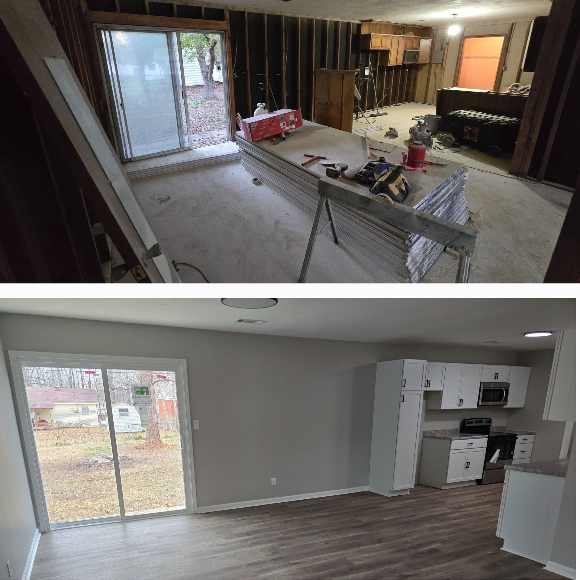 Top: Room under construction. Bottom: Finished kitchen with cabinets, flooring, and sliding glass door.
