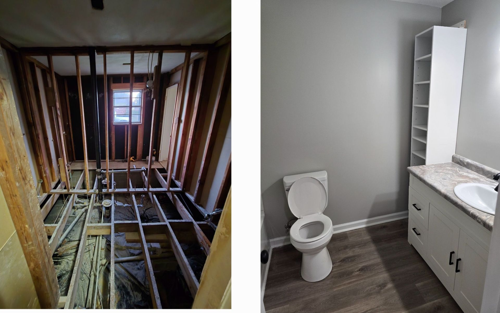 Renovation progress: Stud-framed room before and a finished bathroom with a toilet and vanity.