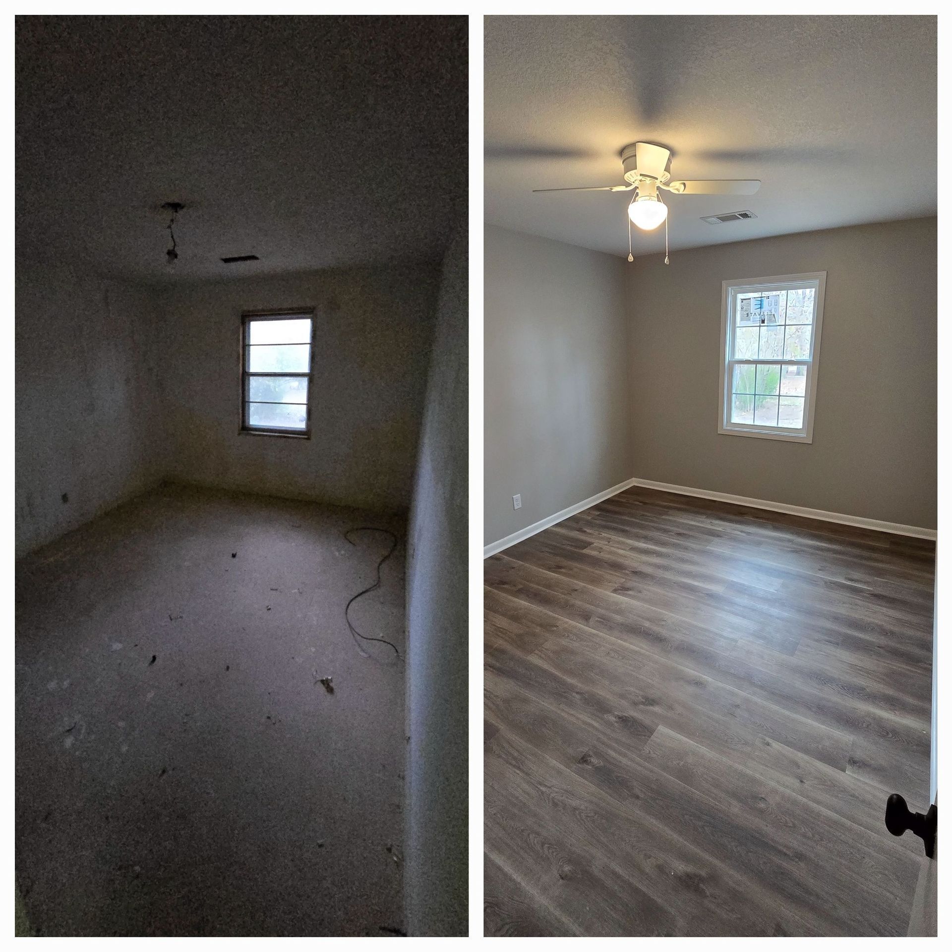 Room renovation before and after. Old, dirty room transforms into clean room with new flooring, paint, and light fixture