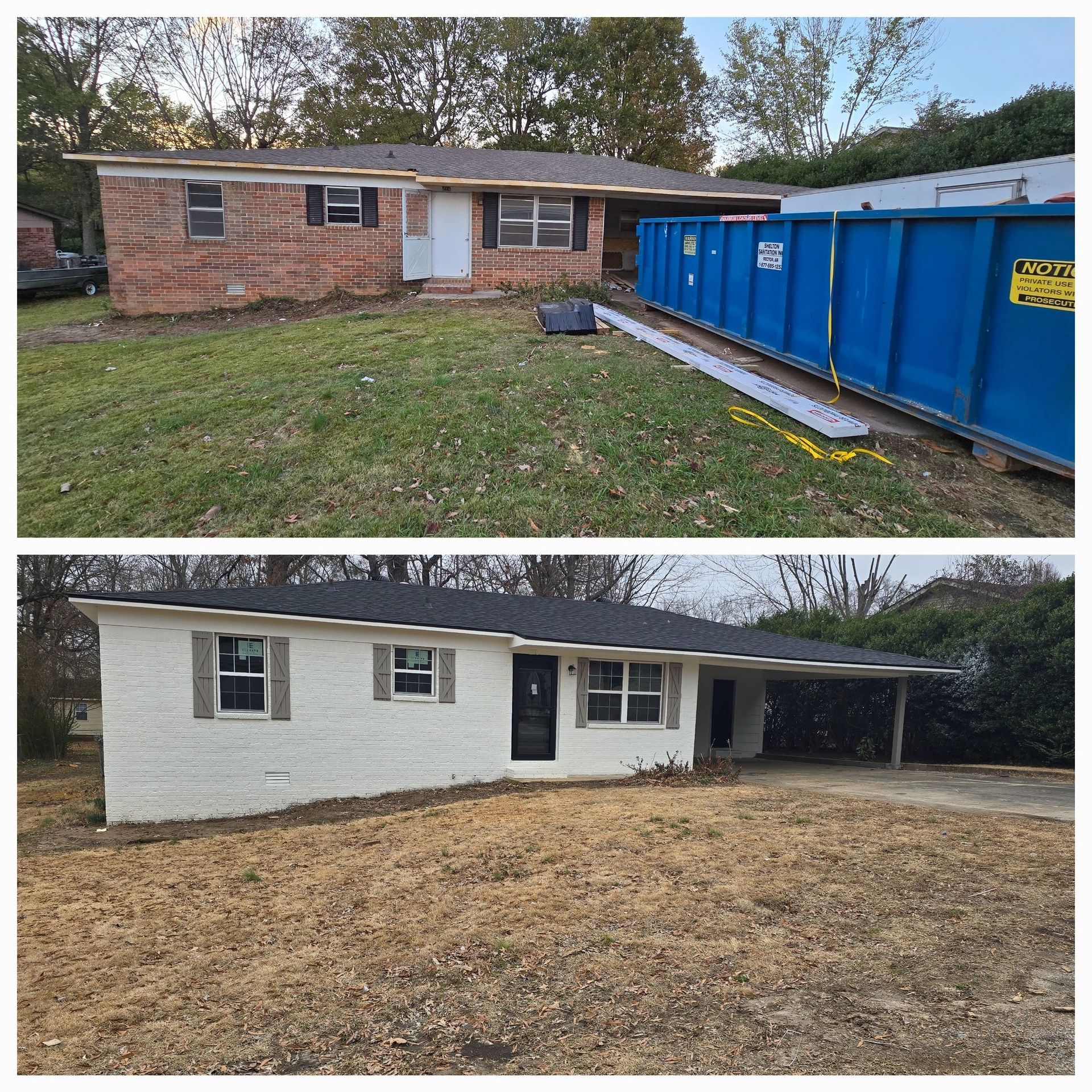 Top: House before renovation, with brick exterior and dumpster. Bottom: After renovation, with white siding.