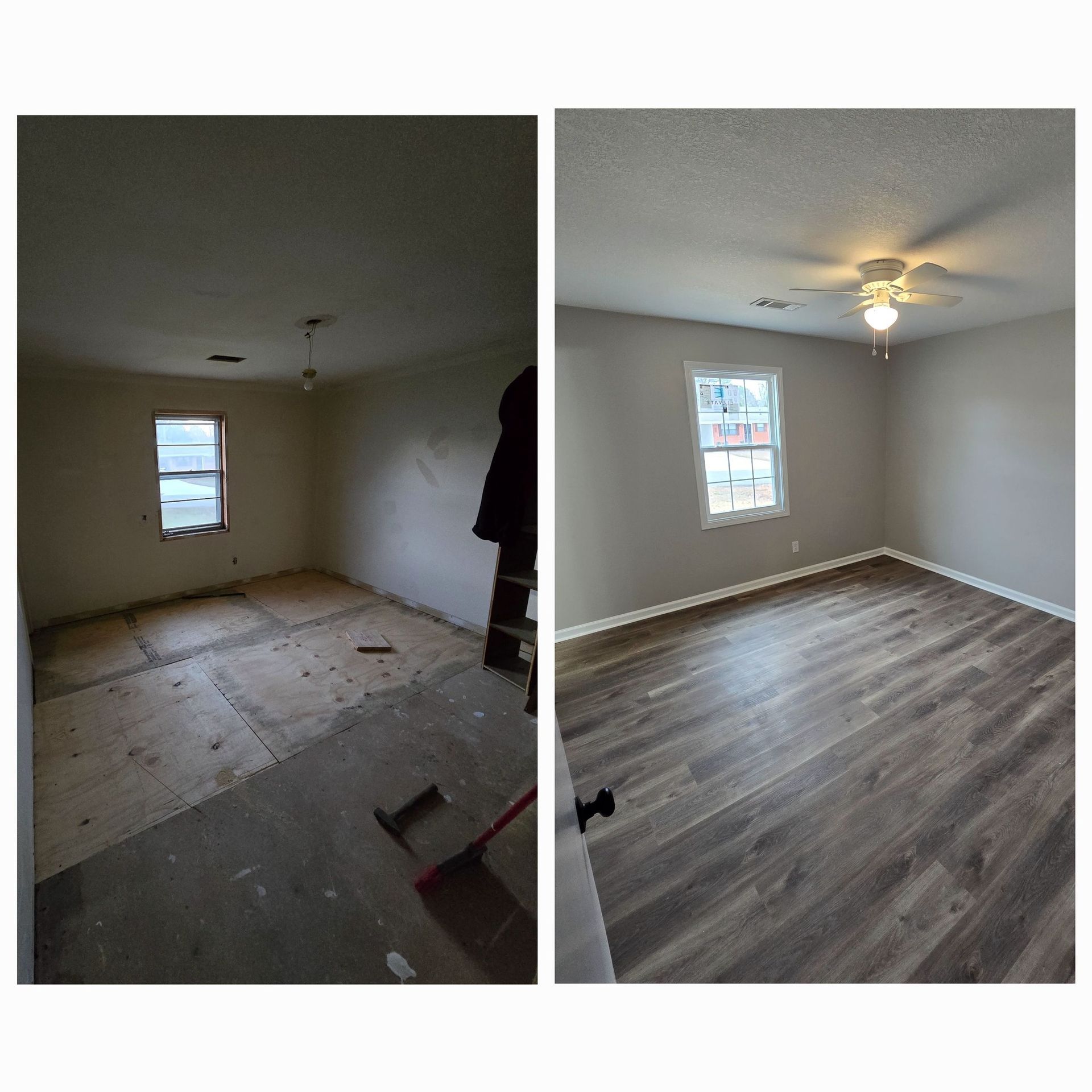 Room renovation before and after: bare floor with debris transforms into new wood flooring, fresh paint, ceiling fan.