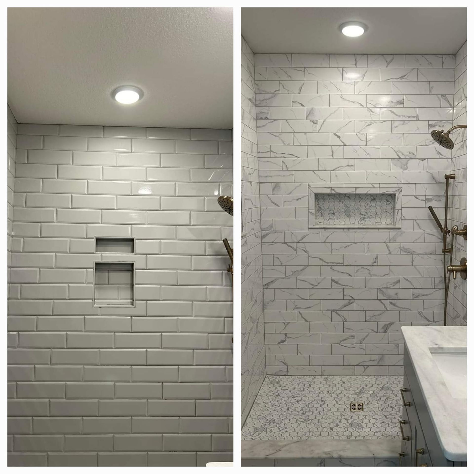 Two shower interiors. Left: white subway tile. Right: patterned marble tile with a shower niche.