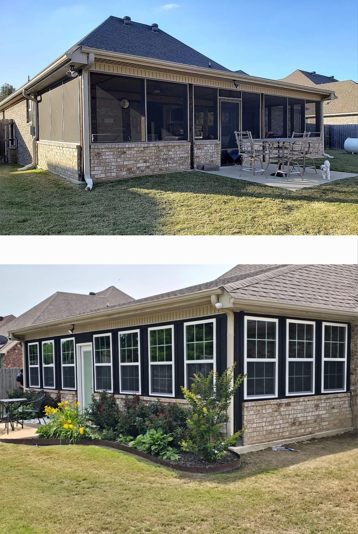 Two views of a sunroom addition: one with screens, the other with windows. Both have stone veneer and a shingled roof.