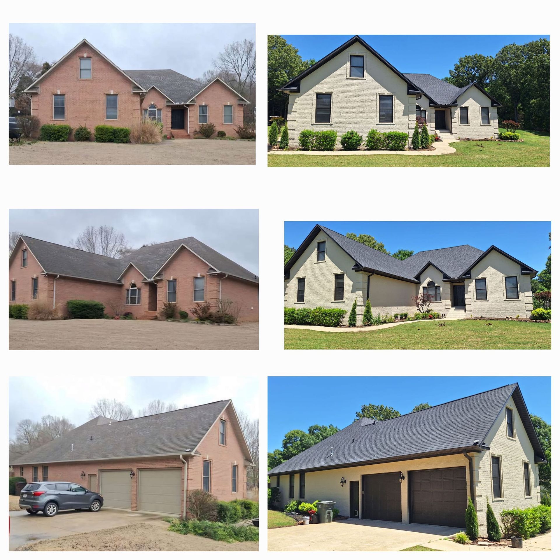 Three houses before and after exterior painting. Red brick to cream, black trim.