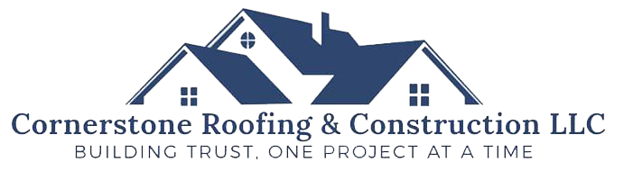 Logo for Cornerstone Roofing & Construction LLC with blue house graphics and company name.