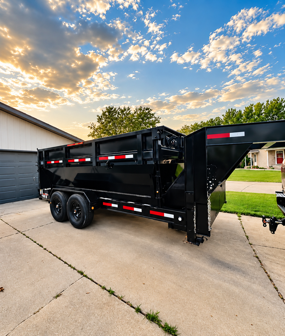 Large black dumpster on a driveway in a suburban neighborhood at dusk.