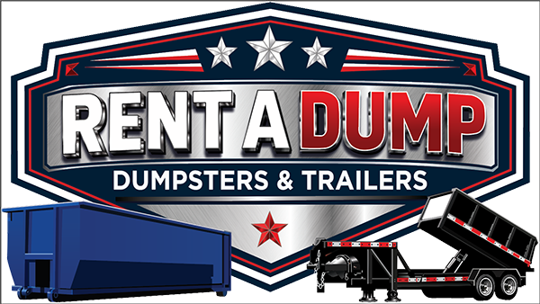 Rent A Dump logo with blue trucks and dumpsters, red and white stars, and &ldquo;Dumpsters & Trailers&rdquo; text