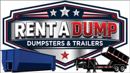 Rent A Dump logo with blue trucks and dumpsters, red and white stars, and &ldquo;Dumpsters & Trailers&rdquo; text