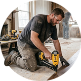 Worker kneeling on a floor, using a yellow nail gun in a dusty construction site.