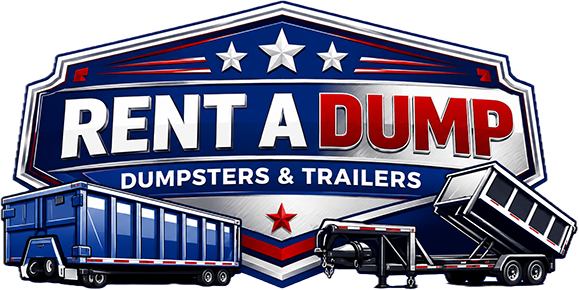 Rent A Dump logo with blue trucks and dumpsters, red and white stars, and “Dumpsters & Trailers” text