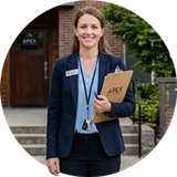 Smiling clinician in navy blazer holding APEX folder outside a brick building