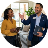 Two people talking in a bright living room, one holding a notebook and gesturing, the other smiling.