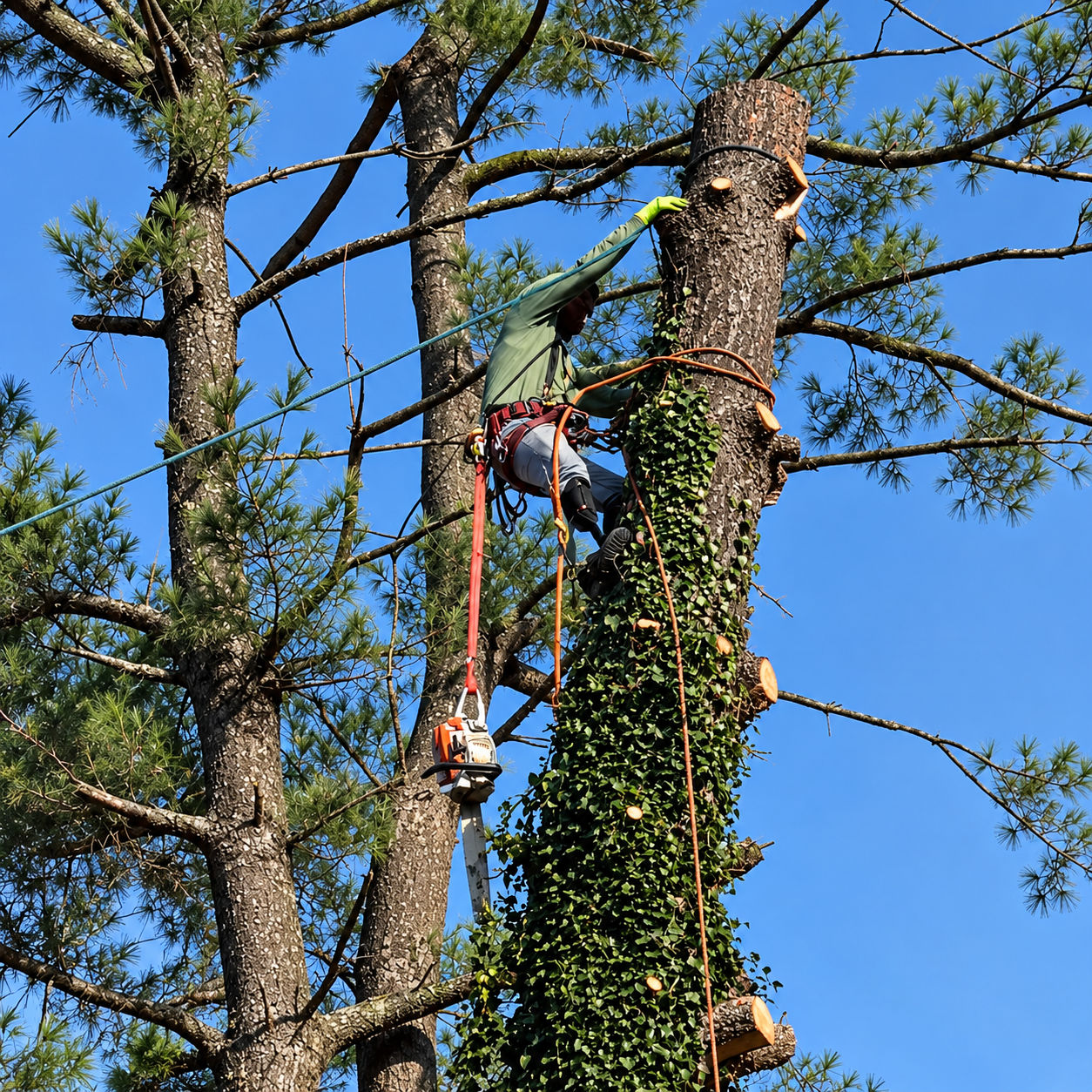 Arborist in a tree with climbing gear trimming branches against a blue sky