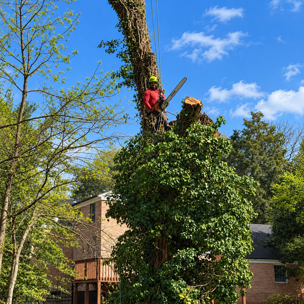Arborist in red climbs a tree beside a house, trimming branches against a blue sky.