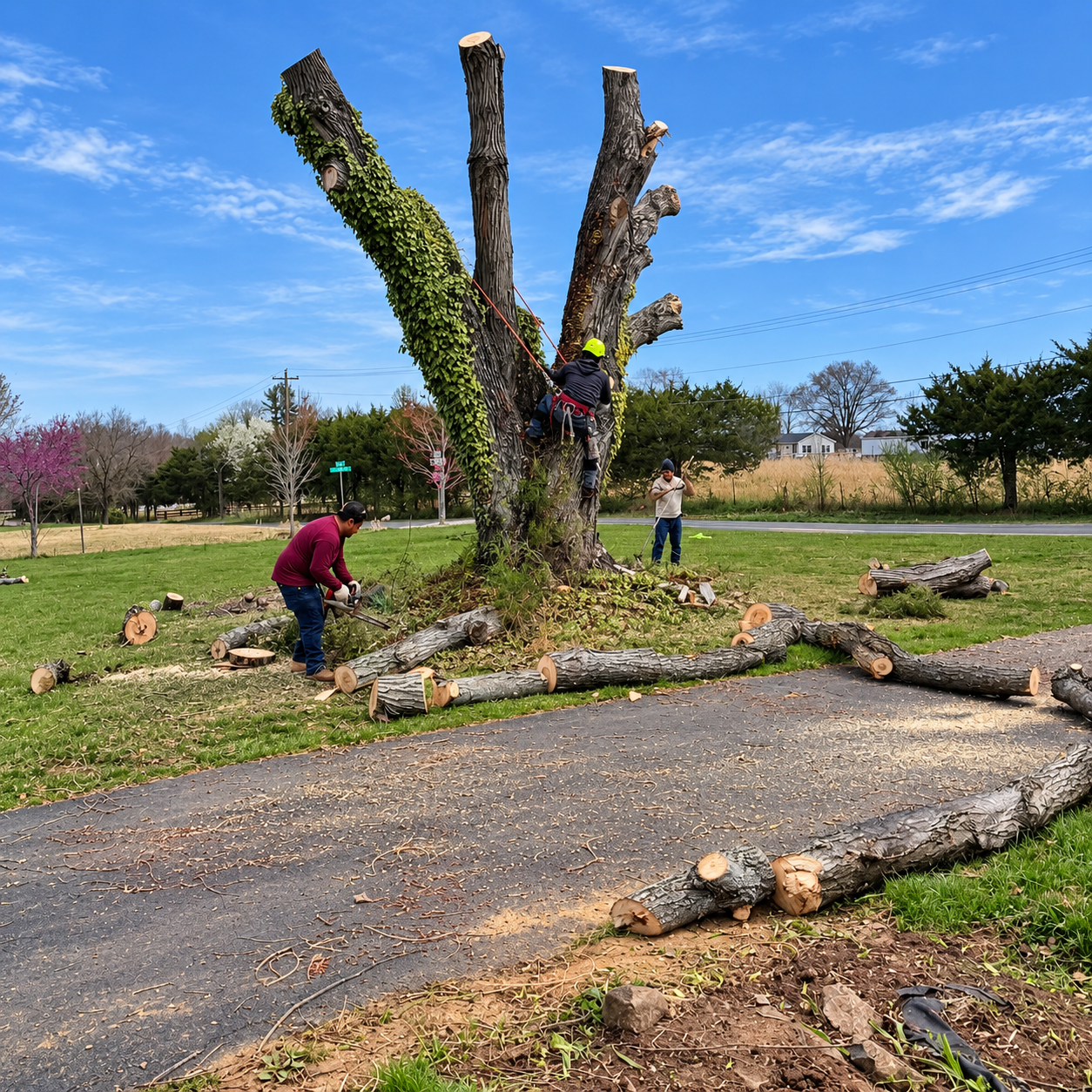 People working around a large pruned tree in a park on a sunny day