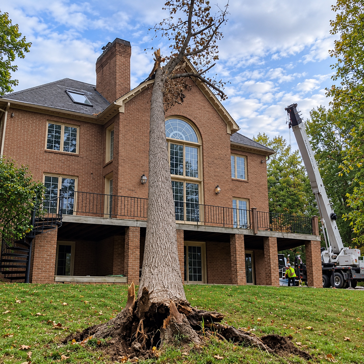 Large brick house with a tall dead tree stump in the front yard and a crane in the background