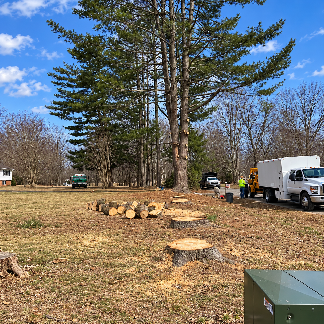 Tree removal site with cut logs, workers, and trucks in a grassy yard under a blue sky