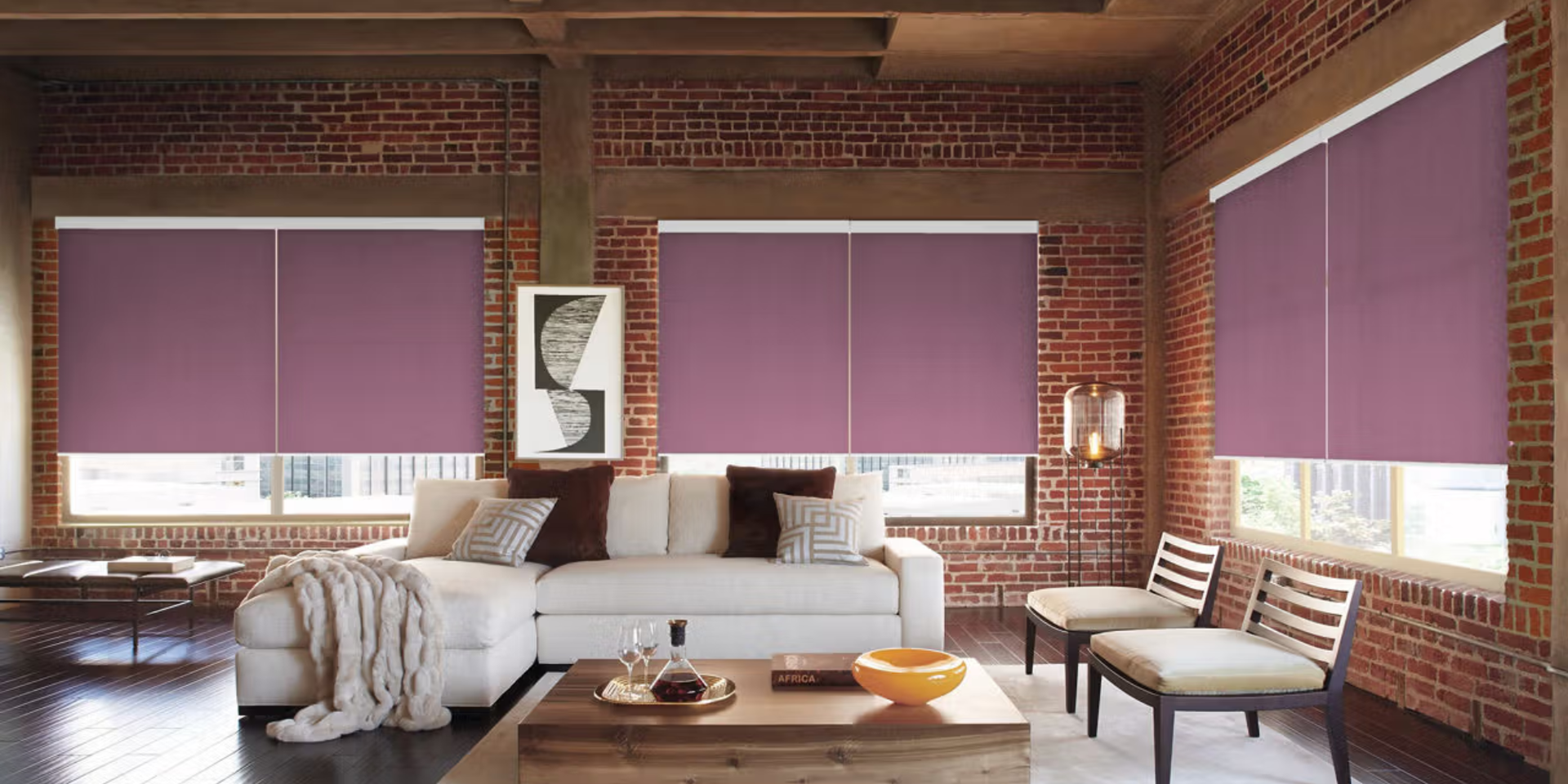 Stunning and functional Hunter Douglas roller pink shades on windows in a contemporary living room