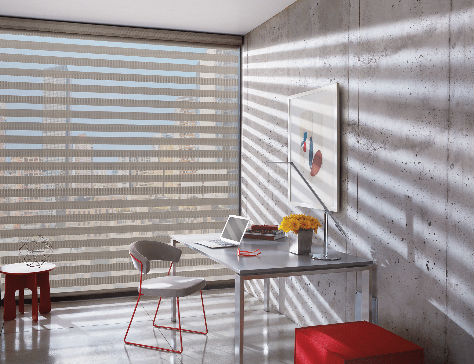 Stunning Hunter Douglas Banded Shades on a large window in a gray palette office at Designing Windows near Ocean City, MD