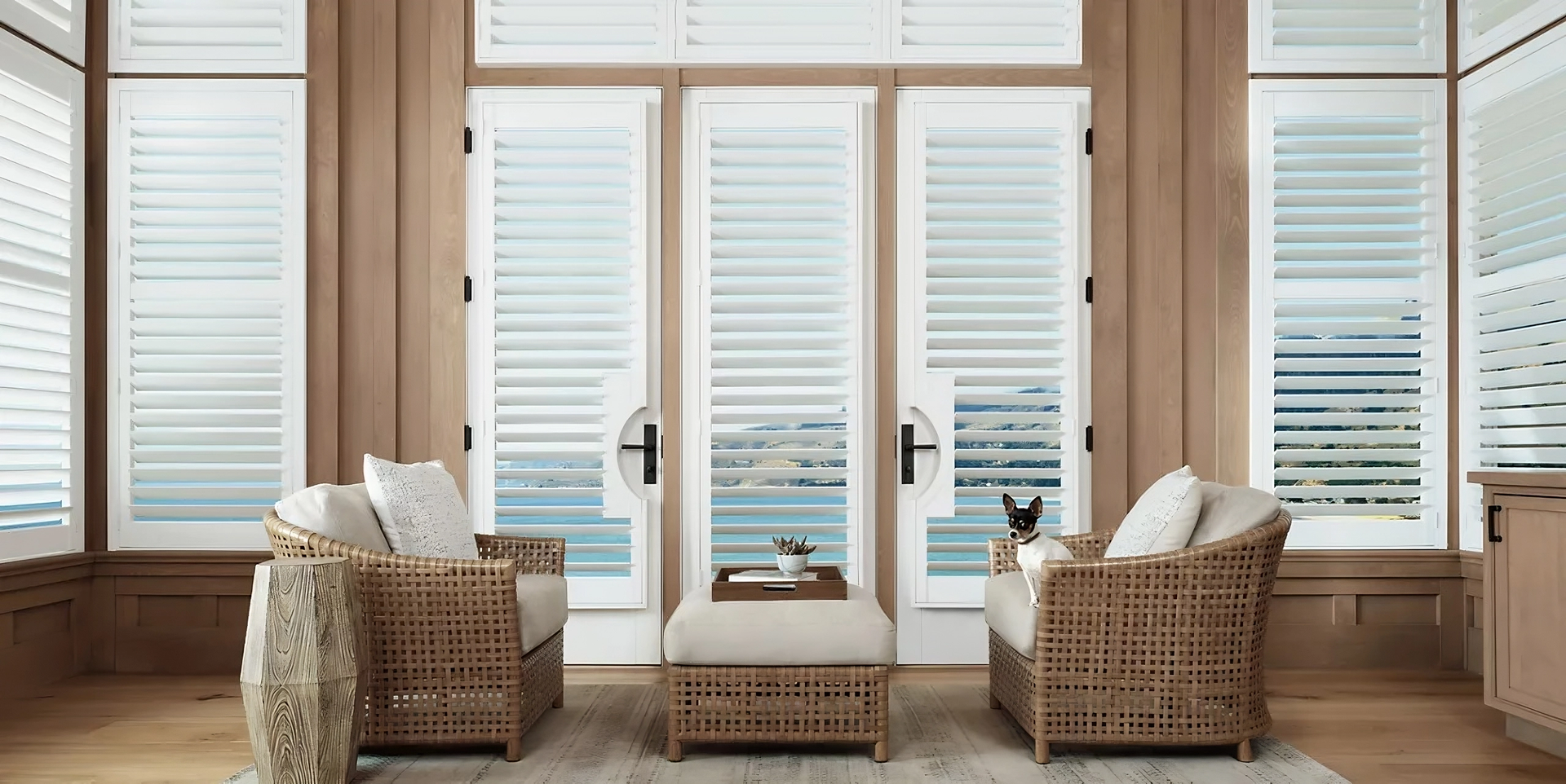 A sitting room full of windows with white shutters on the sidelights near Ocean City, MD