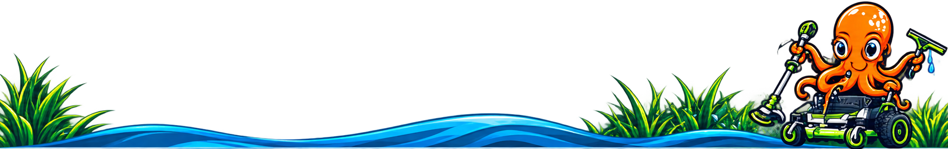 Cartoon orange octopus standing on a grassy shore beside blue water and reeds