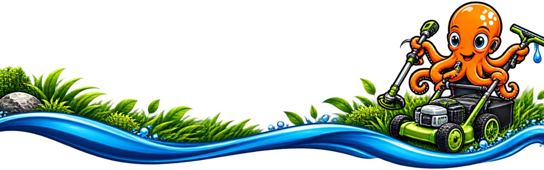 Orange octopus driving a green jeep on a blue wave with grassy shoreline accents
