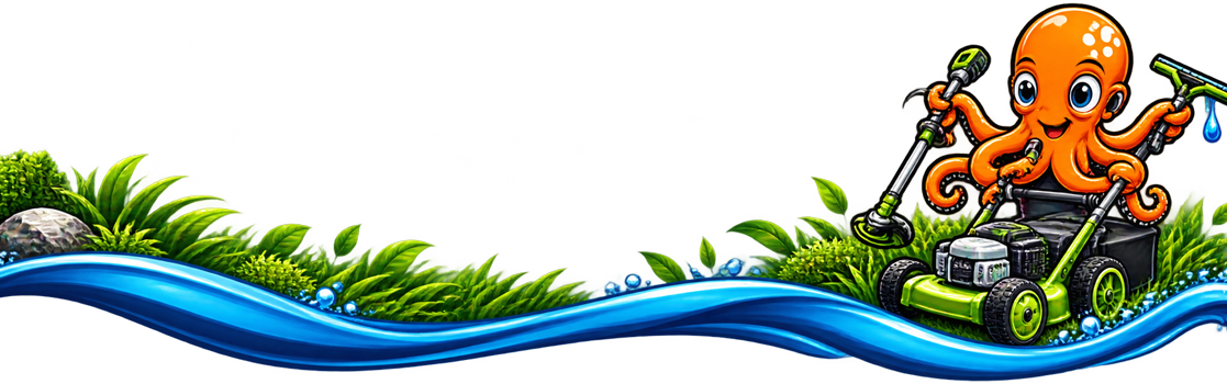 Orange octopus driving a green jeep on a blue wave with grassy shoreline accents