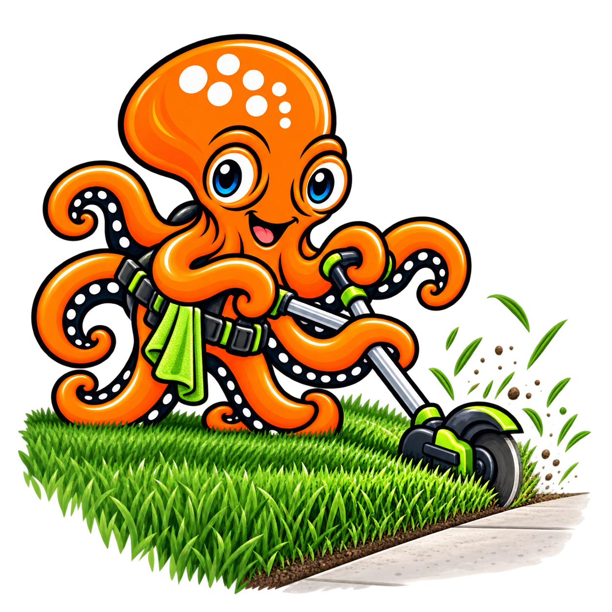 Orange cartoon octopus mowing a grassy lawn with a push mower, spraying clippings