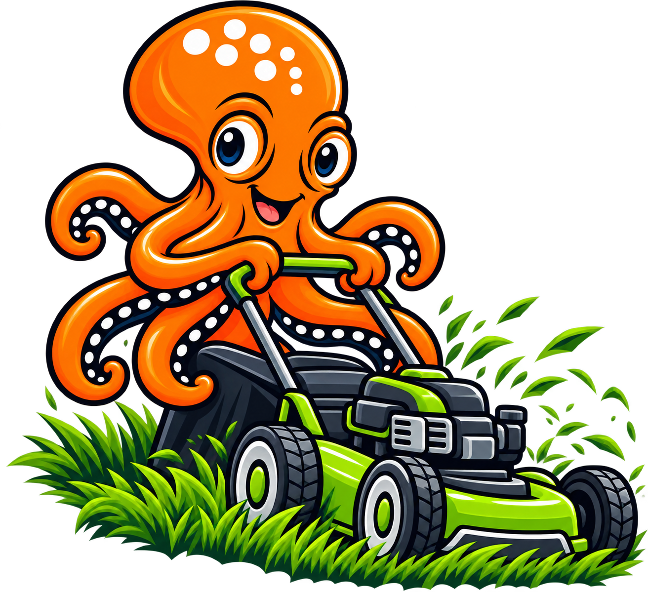 Orange octopus mowing grass on a black lawn mower in a green yard