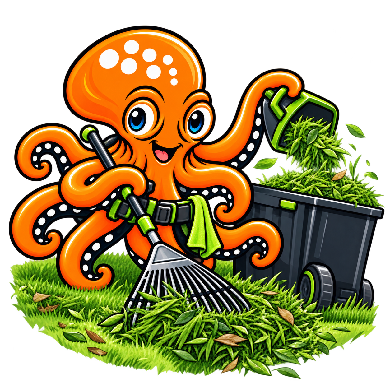 Cartoon orange octopus mowing grass beside a green trash bin, with a cheerful smile and rake.