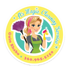 Logo: Woman in a cleaning apron, holding supples, inside a yellow and teal circle; text reads